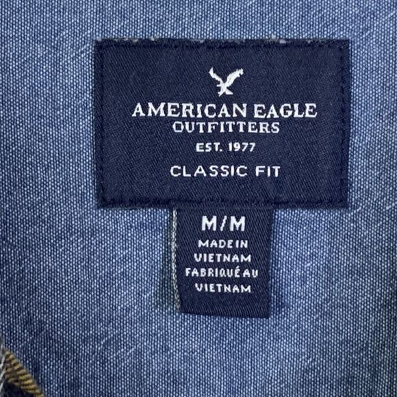 American Eagle Outfitters Button Up Shirt Men M Block Plaid Navy Gold Classic - Picture 5 of 15